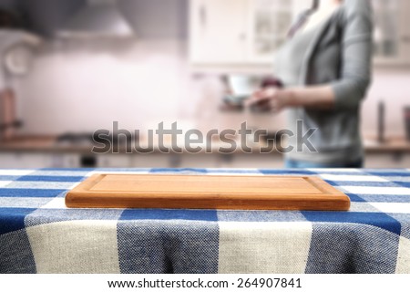 kitchen interior and woman with coffee cup in vintage kitchen