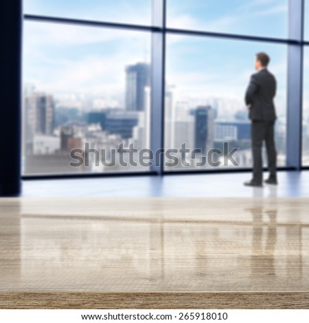 office interior with big window and city landscape and desk of free space and boss