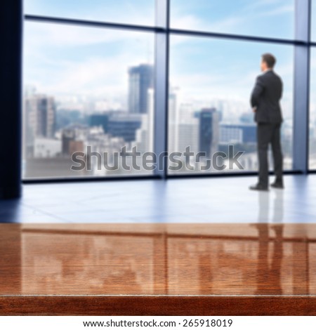 office interior with big window and city landscape and desk of free space