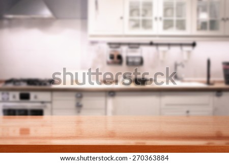 red desk and kitchen interior