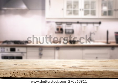 wooden old desk and free space with kitchen background