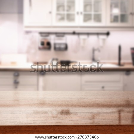 brown desk space and retro interior of kitchen