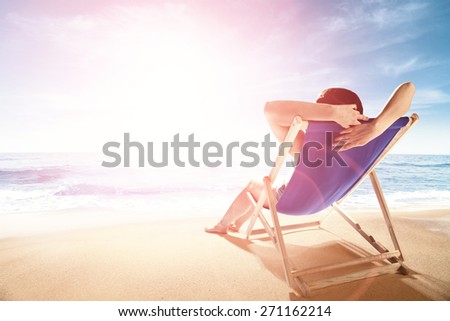 woman and blue chair of summer time with sun light