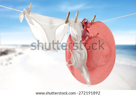 white bikini on rope and pink hat