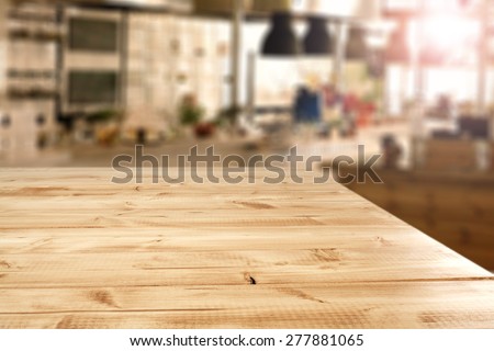desk of yellow top and kitchen interior space
