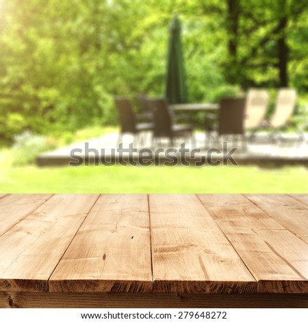 terrace background of table and chairs and board of wood