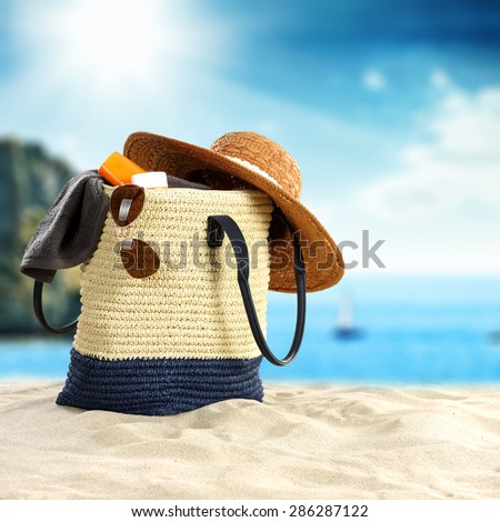 blue summer sky and sea of blue color with summer day and bag