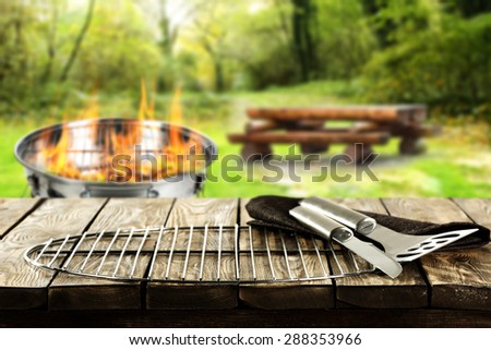 Blurred background of garden and grill with fire and for knife and grate for you
