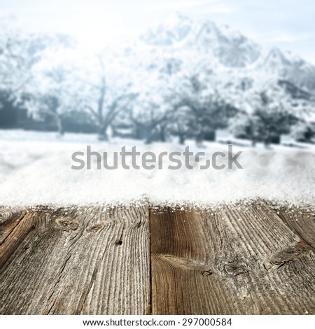 desk space and winter day with free space on gray board