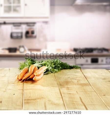 wooden big table carrots and kitchen interior