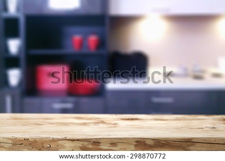 wooden desk and kitchen