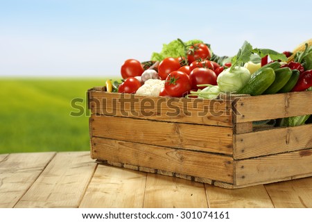 wooden box of vegetables