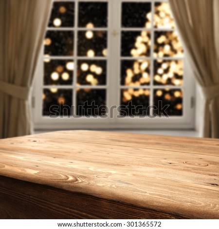 free space on wooden board xmas tree and window sill