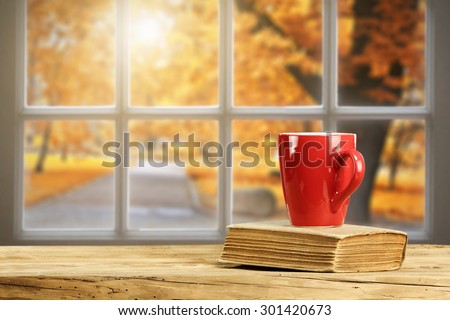 autumn window with sun light and red mug with book