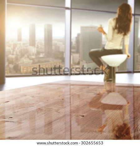 red board of wood window of city landscape and woman on chair