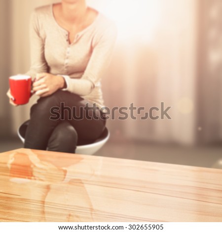 deck of space for your decoration and woman with red mug in hand