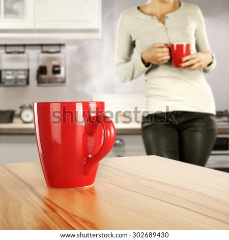 yellow wooden desk space red mug space for your decoration and kitchen interior