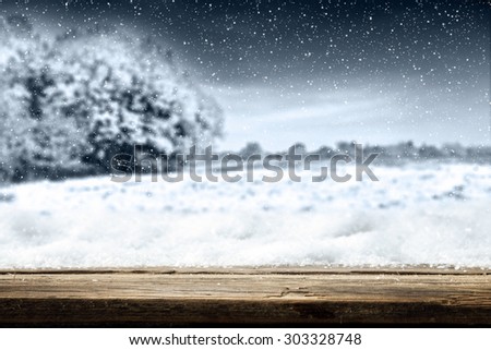 wooden desk space texture of snow and landscape space