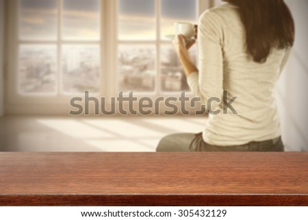 retro window space sill city landscape and woman on chair