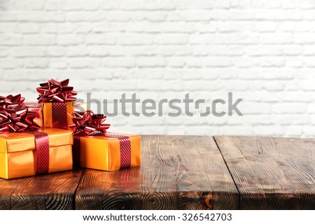 decortation of xmas gifts and free space for you on wooden table