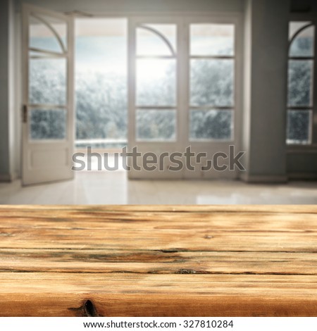 white window space and wooden board place for your decoration