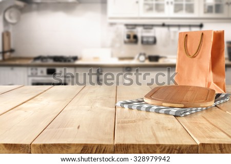 blurred background of retro kitchen with desk and bag
