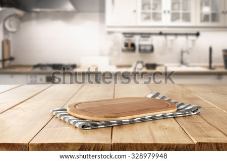 blurred background of retro kitchen with kitchen desk napkin and space for you