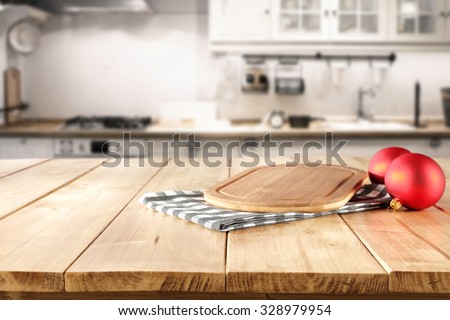 blurred background of retro kitchen with desk and balls