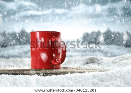 decoration of xmas mug and red color and snow
