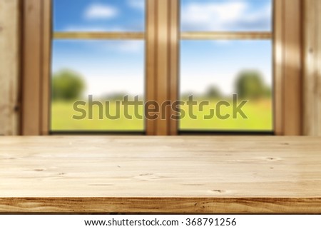 blurred background of brown wooden window space and window sill
