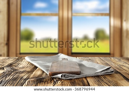 spring wooden window space in blurred background and desk of kitchen space and wooden shabby deck