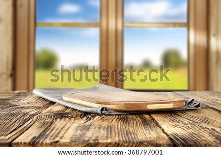 spring wooden window space in blurred background and kitchen desk and free space for you and board decoration space