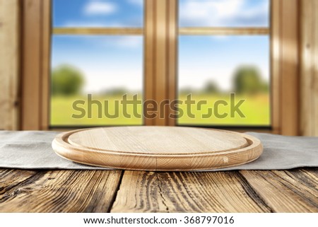 spring wooden window space in blurred background and interior space and wooden kitchen desk space
