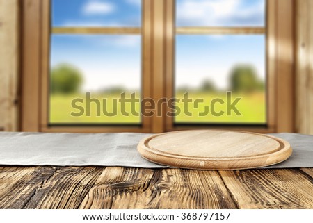 spring wooden window space in blurred background and napkin space and free space for your food