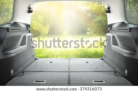 interior of open car trunk with green landscape