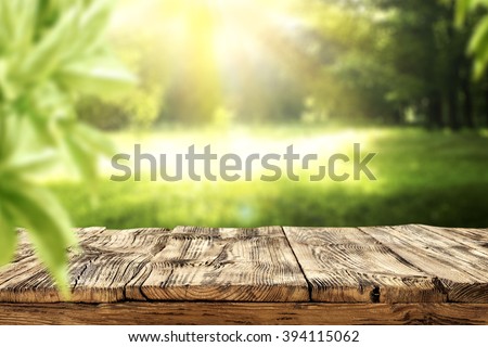 shabby deck and green garden background and sun light