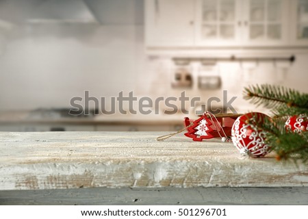Kitchen interior of white furniture and christmas time decoration