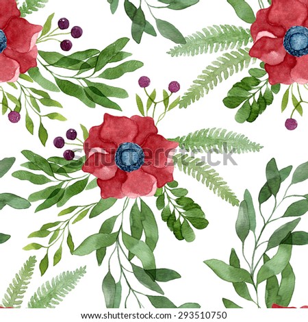 Watercolor floral pattern with bright red anemone flowers, eucalyptus, berries and fern. It will be great for a lovely invitation, greeting card, or elegant wedding. Real watercolor painting.