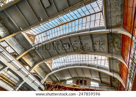 Large industrial hall with low light angle shot