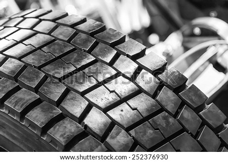 New car tyre closeup photo with detail
