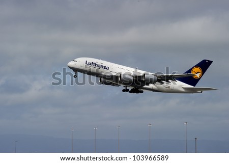 SAN FRANCISCO, CA - MAY 26: A Lufthansa Airbus A380, the world's largest passenger jet, takes off in San Francisco, CA on May 26, 2012. The A380 has recently experienced cracks in its wings.