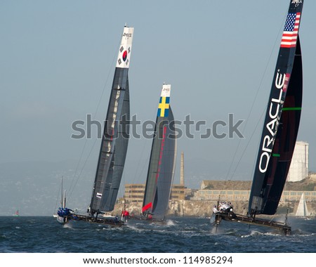 SAN FRANCISCO, CA - OCTOBER 4: Oracle Team USA, Artemis Red and Team Korea compete in the America'??s Cup World Series sailing races in San Francisco, CA on October 4, 2012