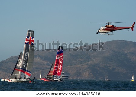 SAN FRANCISCO, CA - OCTOBER 4: Emirates Team New Zealand and Ben Ainslie Racing Team compete in the America\'??s Cup World Series sailing races in San Francisco, CA on October 4, 2012