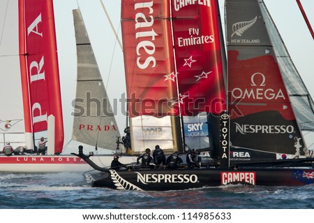 SAN FRANCISCO, CA - OCTOBER 4: Luna Rossa Swordfish and Emirates Team New Zealand compete in the America'??s Cup World Series sailing races in San Francisco, CA on October 4, 2012