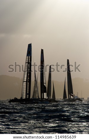 SAN FRANCISCO, CA - OCTOBER 4: The fleet competes in the America\'s Cup World Series sailing races in San Francisco, CA on October 4, 2012