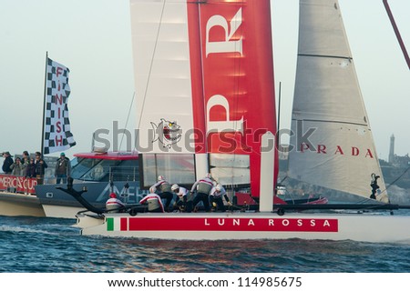 SAN FRANCISCO, CA - OCTOBER 4: Luna Rossa Swordfish crosses the finish line in the America\'??s Cup World Series sailing races in San Francisco, CA on October 4, 2012