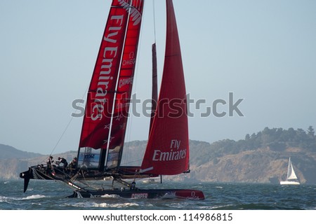 SAN FRANCISCO, CA - OCTOBER 4: The Emirates Team New Zealand sailboat skippered by Dean Barker competes in the America\'??s Cup World Series sailing races in San Francisco, CA on October 4, 2012