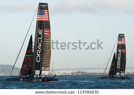 SAN FRANCISCO, CA - OCTOBER 4: Oracle Team USA boats skippered by James Spithill and Russell Coutts compete in the America\'s Cup World Series sailing races in San Francisco, CA on October 4, 2012