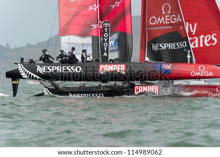 SAN FRANCISCO, CA - OCTOBER 4: The Emirates Team New Zealand sailboat skippered by Dean Barker competes in the America\'??s Cup World Series sailing races in San Francisco, CA on October 4, 2012