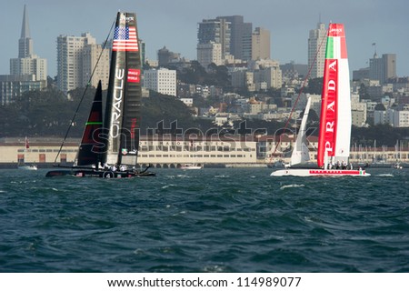 SAN FRANCISCO, CA - OCTOBER 4: Oracle Team USA and Italy\'s Team Luna Rossa Piranha compete in the America\'?s Cup World Series sailing races in San Francisco, CA on October 4, 2012